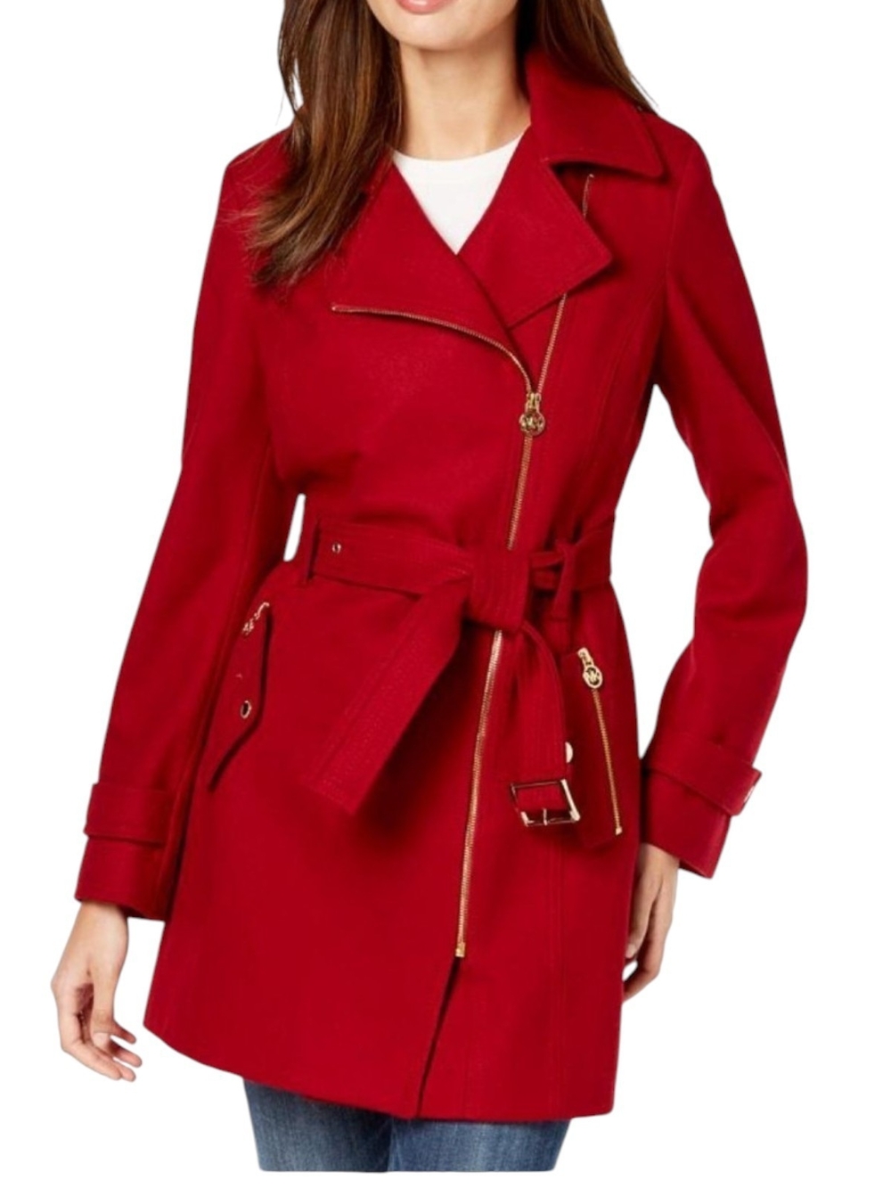 Michael Kors Red Wool-Blend Belted Pea Coat